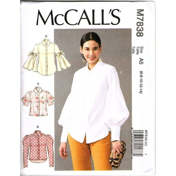 McCall's M7838 Misses 6 to 14 Button Front Tops UNCUT Sewing Pattern - Picture 1 of 2